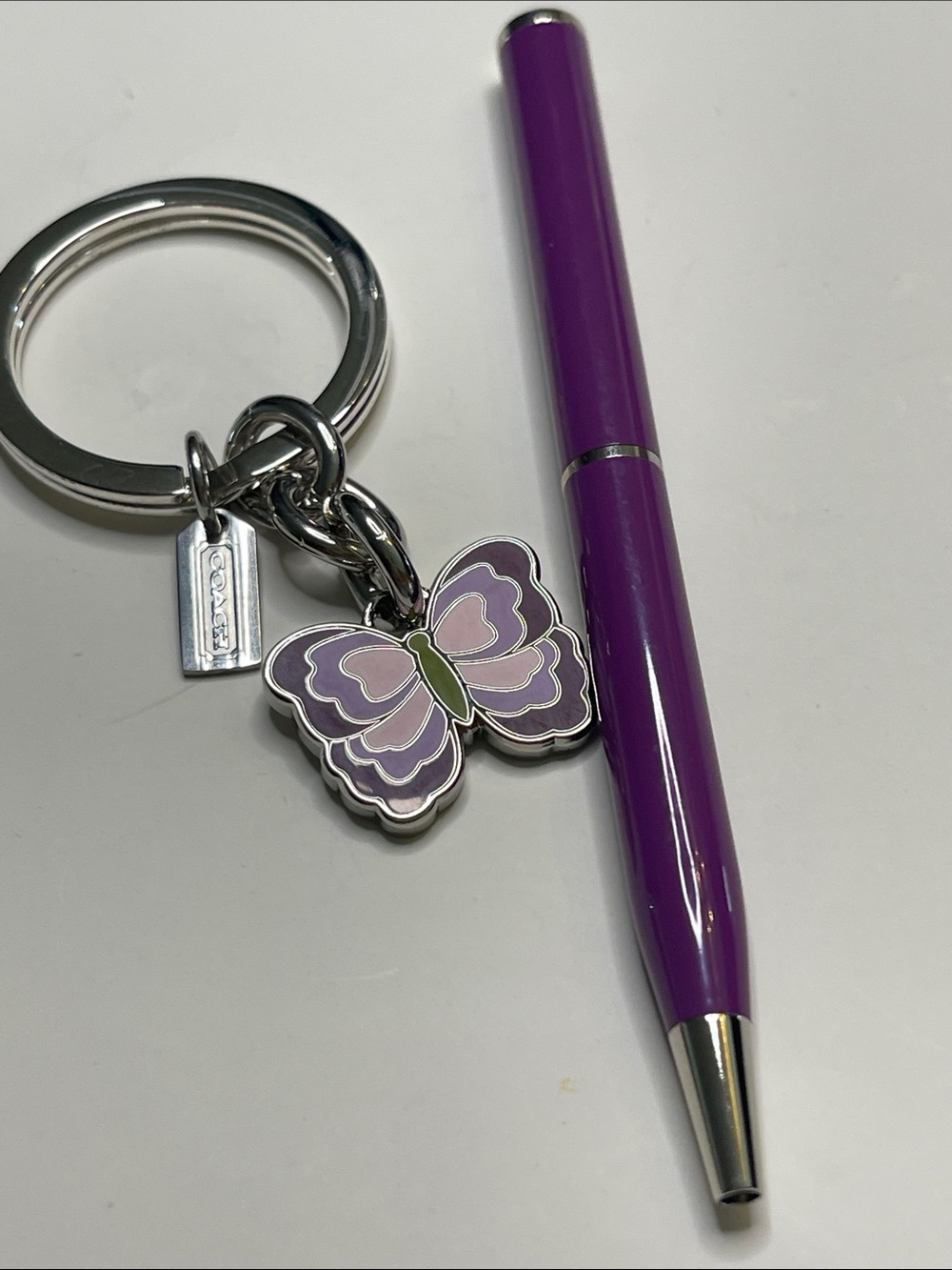 Coach Silver and Lavender Butterfly Keyring and Coach Pen